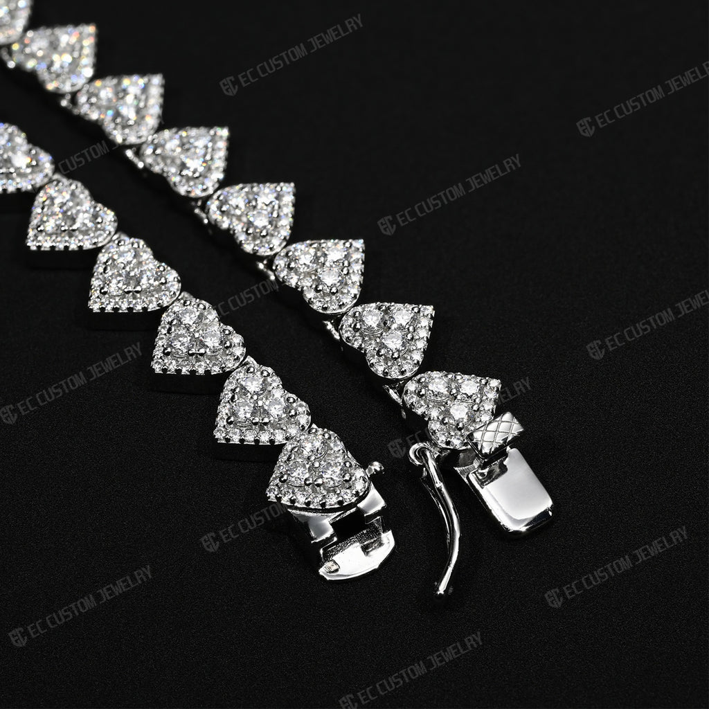 8MM Iced Out Heart Link Tennis Necklace VVS Moissanite Silver Chain