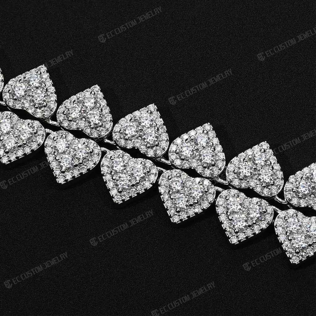 8MM Iced Out Heart Link Tennis Necklace VVS Moissanite Silver Chain