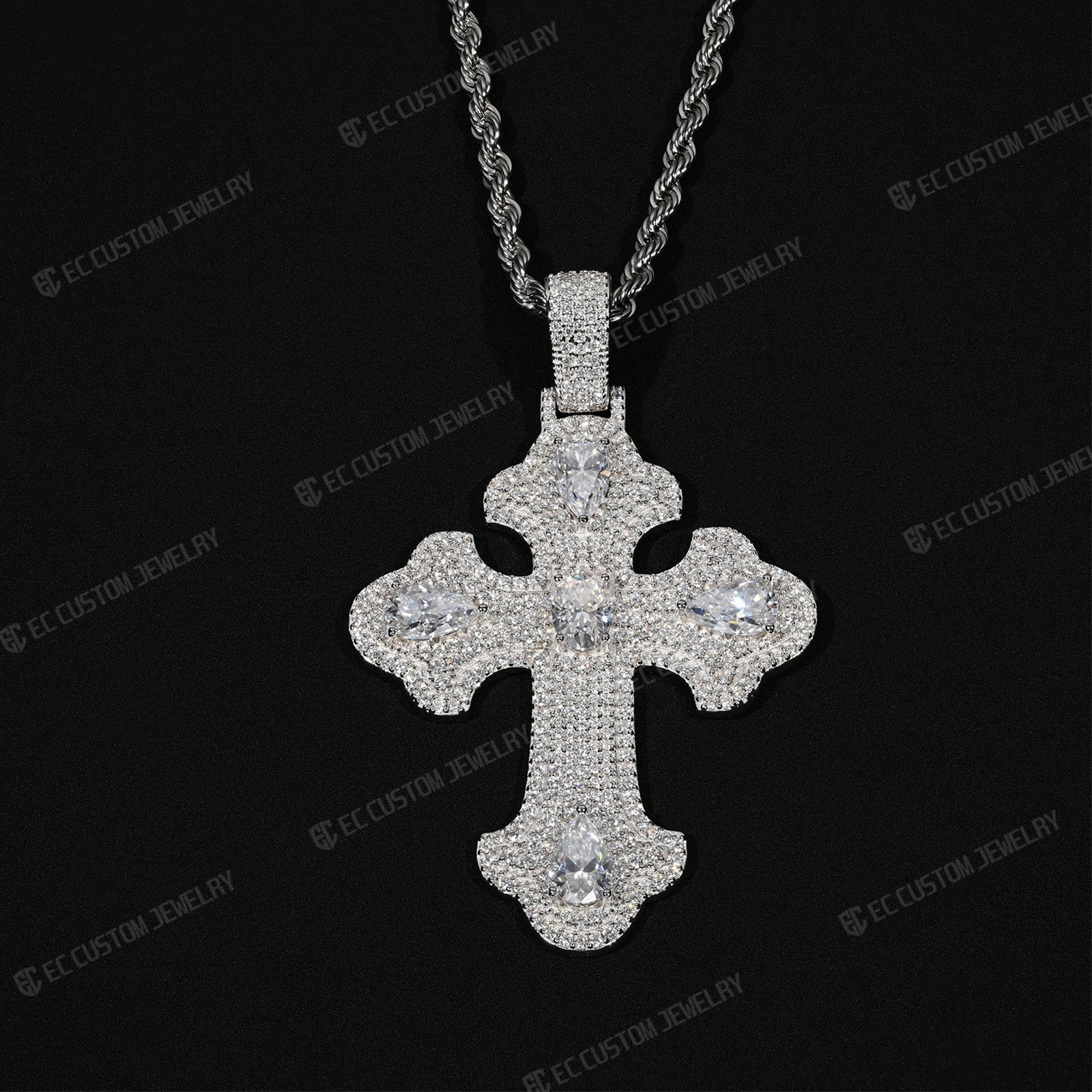 Iced Out Pear-Cut Stone Cross Pendant