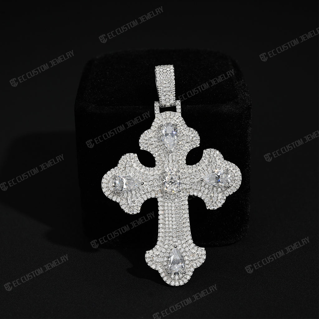 Iced Out Pear-Cut Stone Cross Pendant