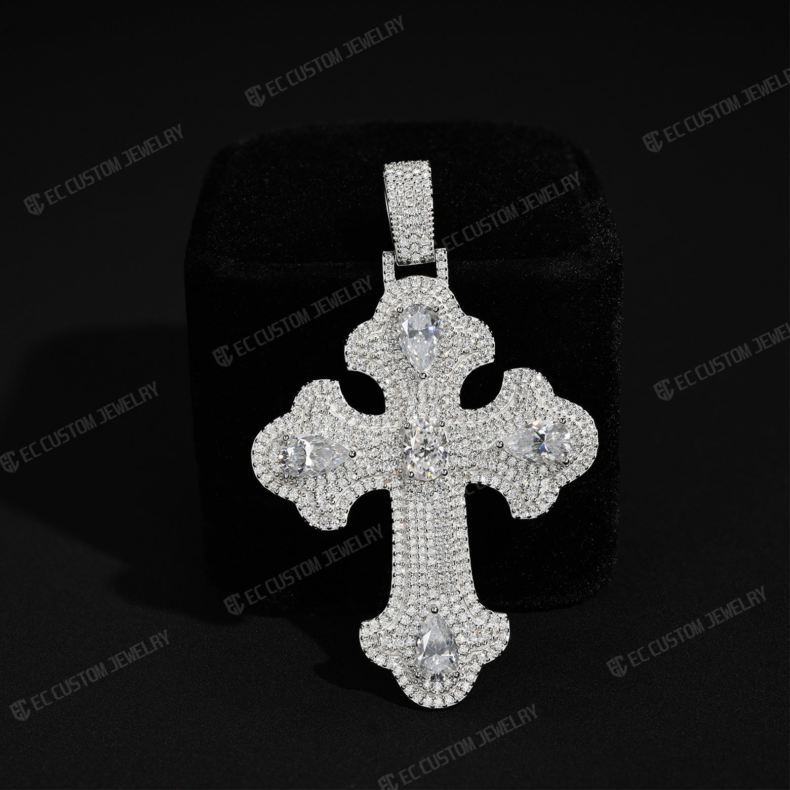 Iced Out Pear-Cut Stone Cross Pendant