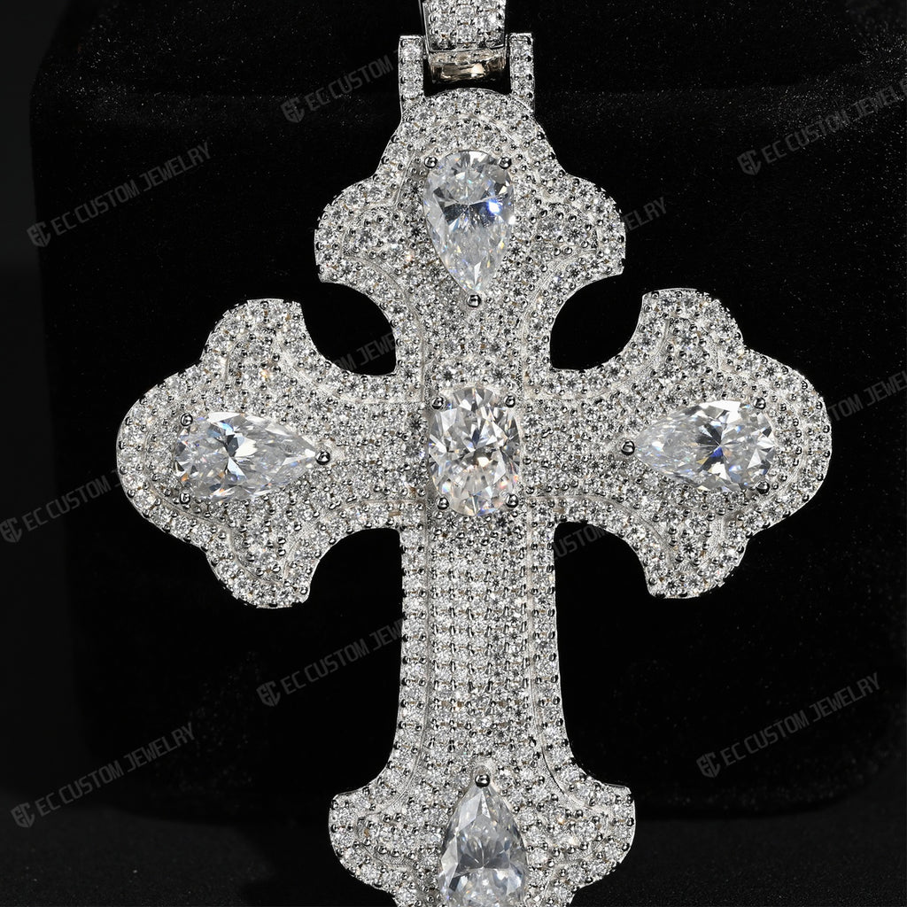 Iced Out Pear-Cut Stone Cross Pendant