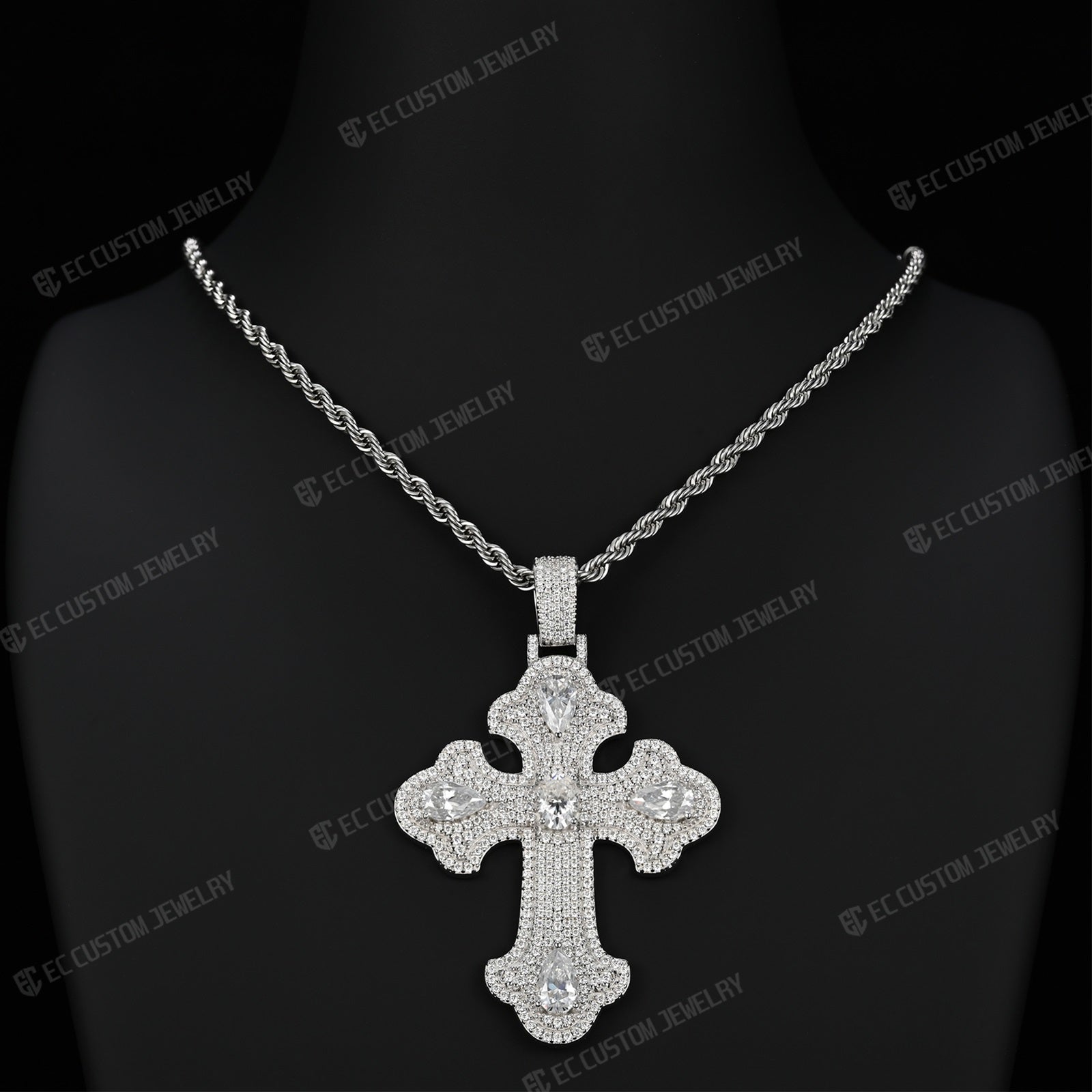 Iced Out Pear-Cut Stone Cross Pendant