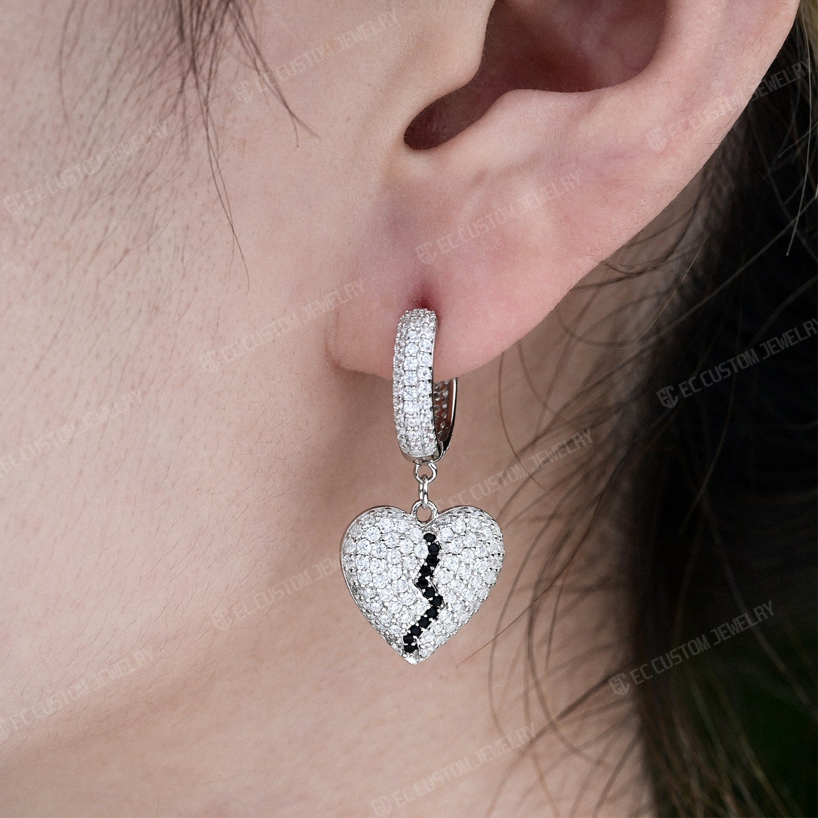 Heartbreak earrings moissanite diamond split broken heart earrings iced out streetwear jewelry 