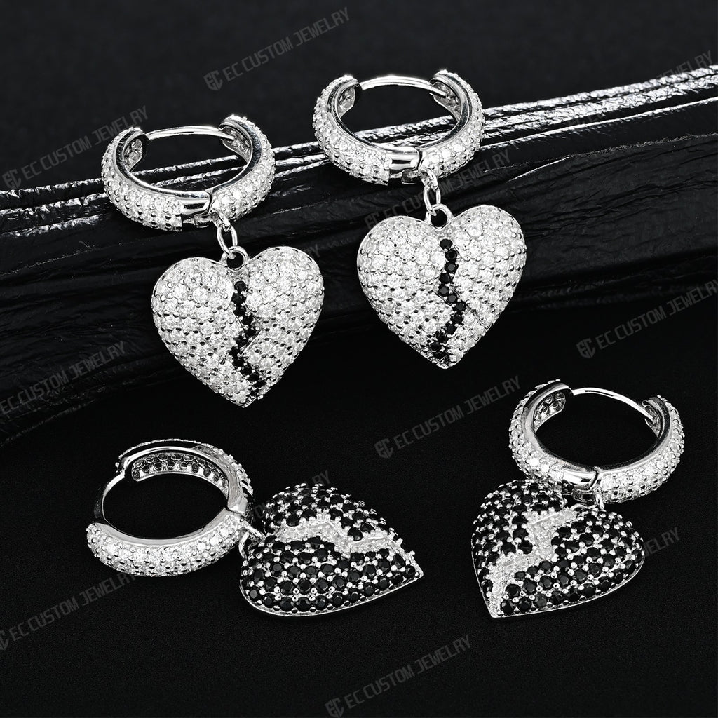 Heartbreak moissanite earrings diamond split heart ear rings iced out streetwear jewelry