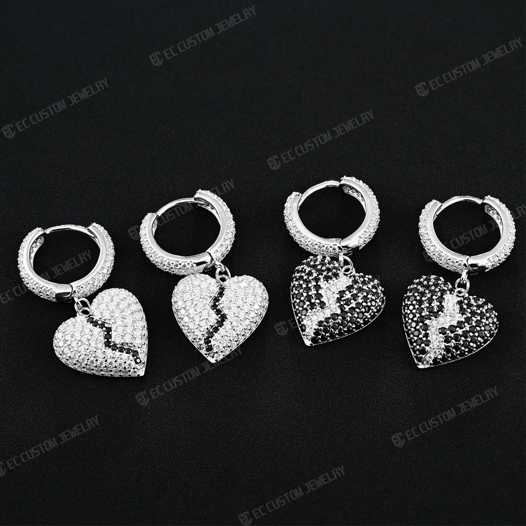 Heartbreak earrings moissanite diamond split broken heart earrings iced out streetwear jewelry 