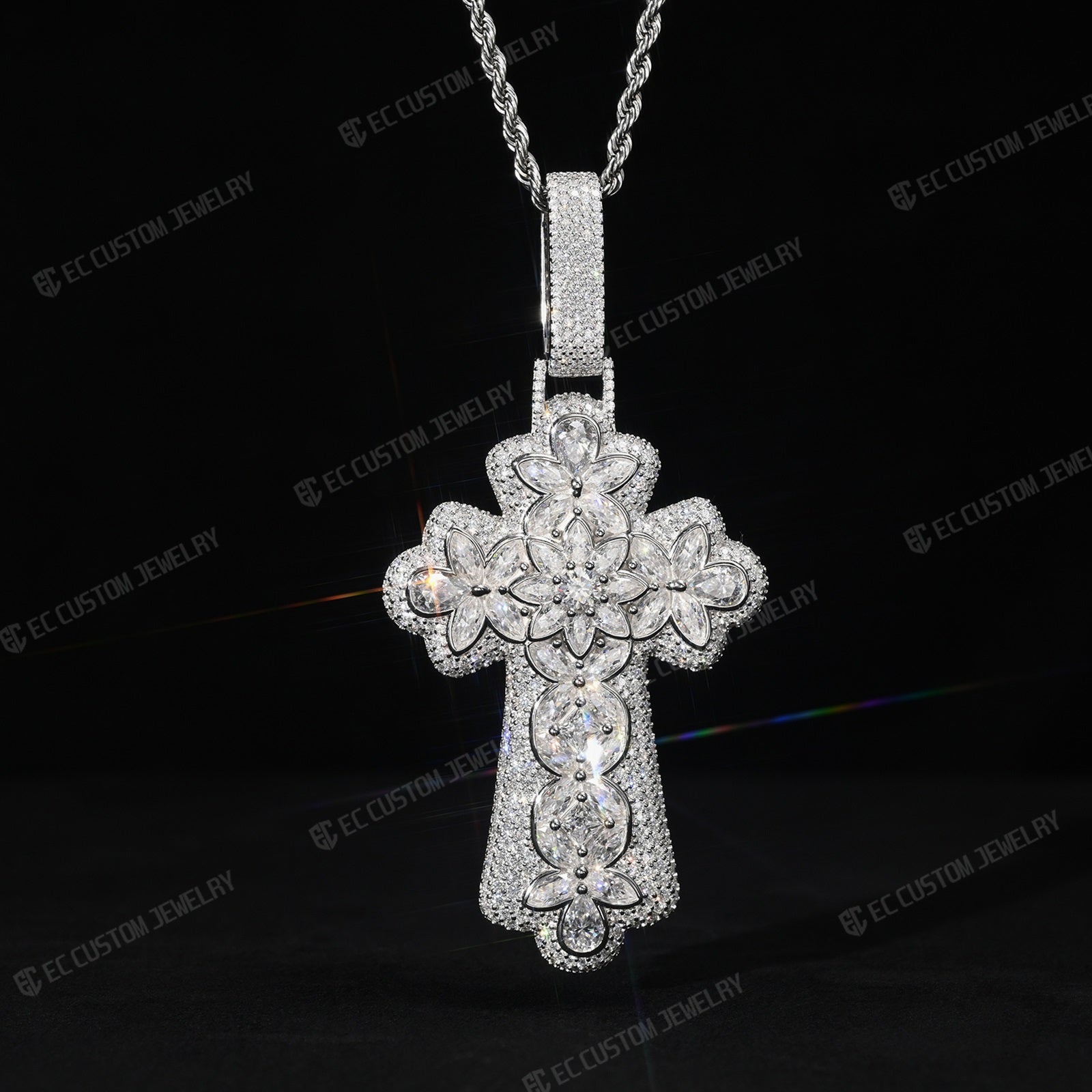 Iced Out Floral Filigree Cross Pendant Hip Hop Cross Jewelry