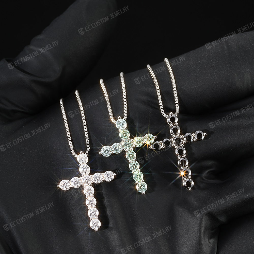 round cut vvs moissanite cross pendant black diamond silver box chain