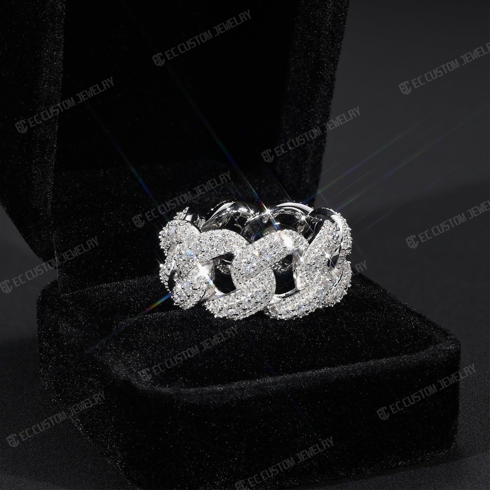 Iced Out Irregular Cuban Link Moissanite Ring
