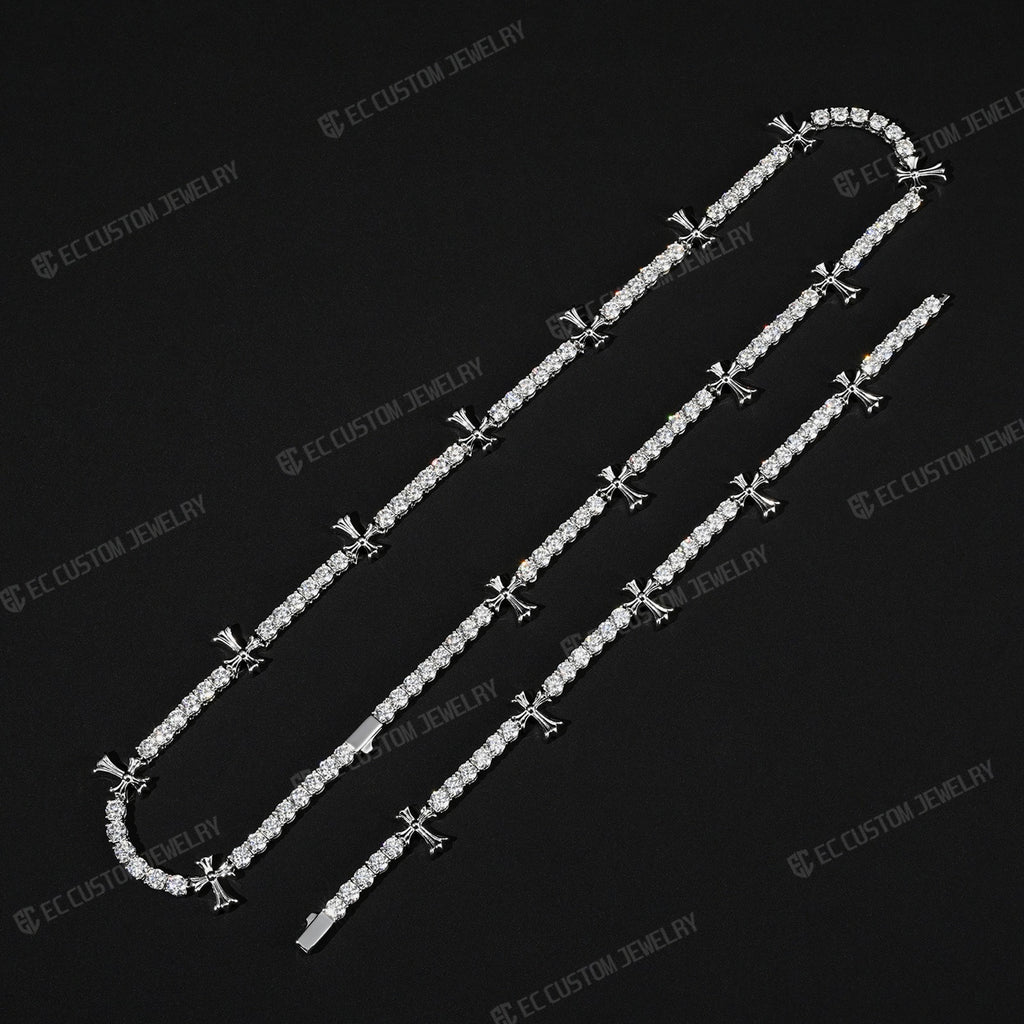 Chrome Cross Tennis Link Chain Necklace Iced Out