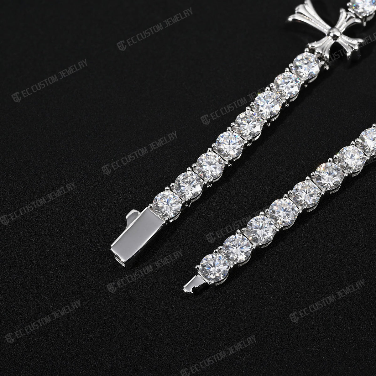 Chrome Cross Tennis Link Chain Necklace Iced Out