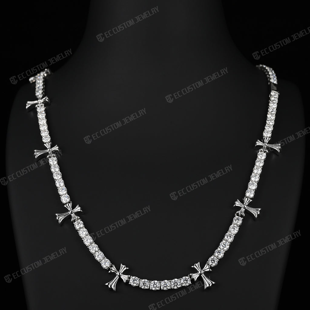 Chrome Cross Tennis Link Chain Necklace Iced Out