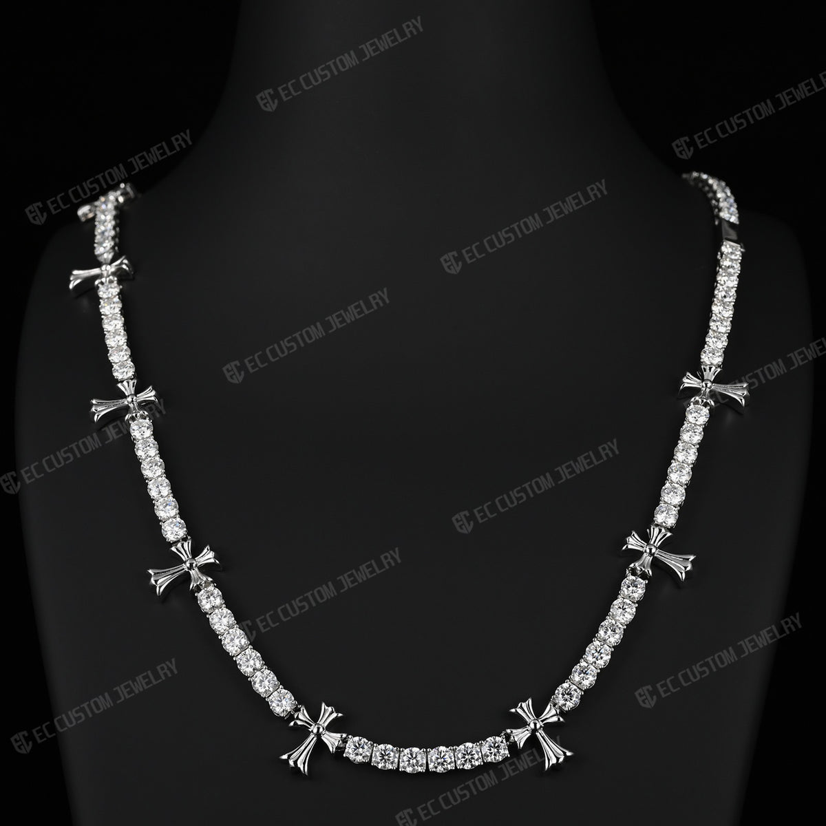 Chrome Cross Tennis Link Chain Necklace Iced Out