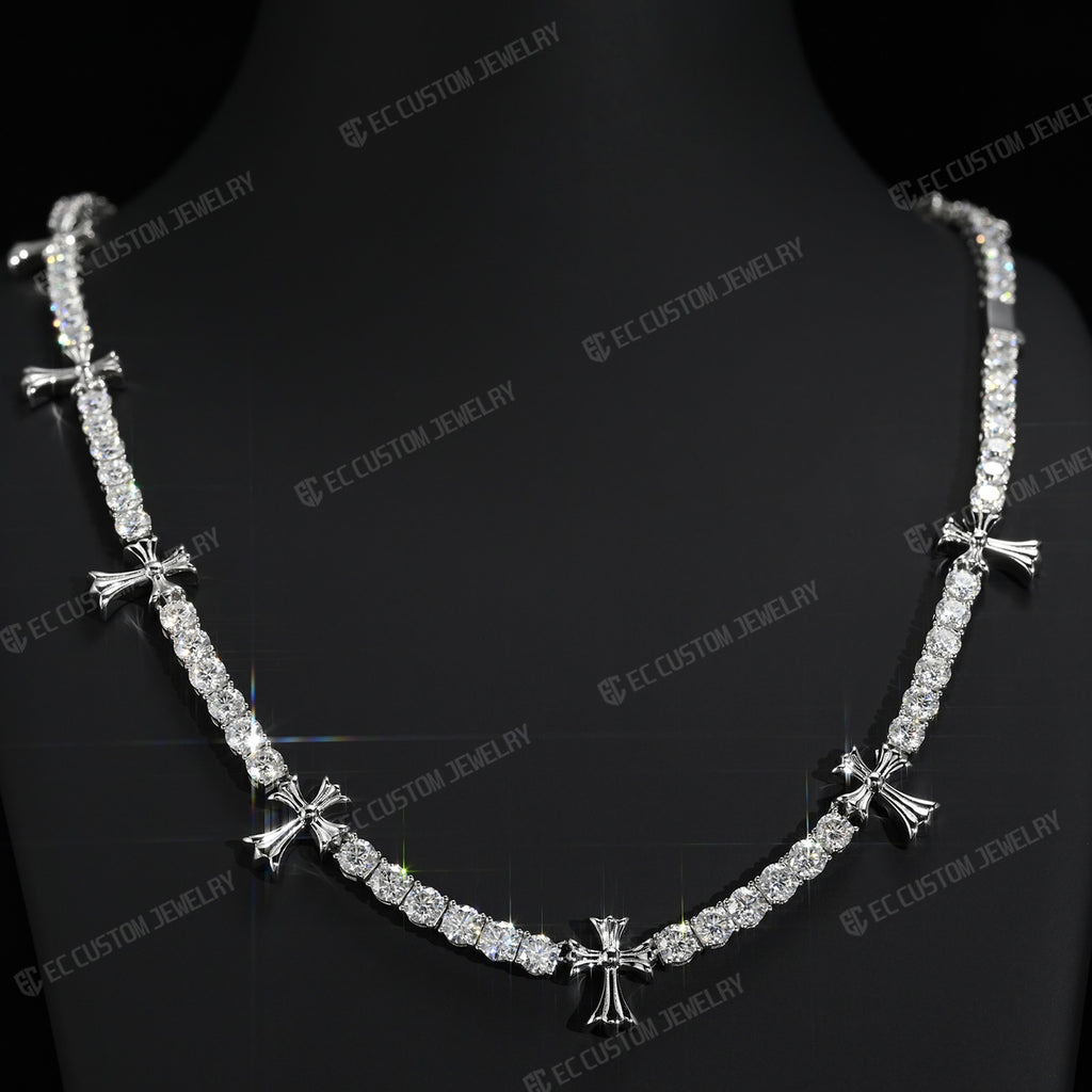 Chrome Cross Tennis Link Chain Necklace Iced Out