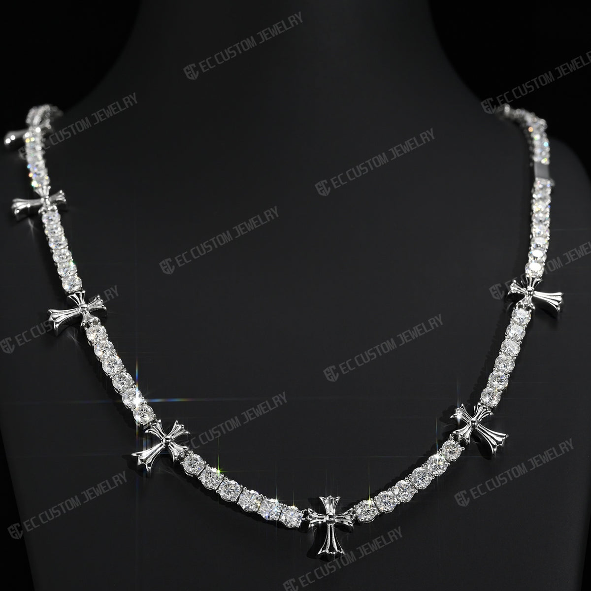 Chrome Cross Tennis Link Chain Necklace Iced Out