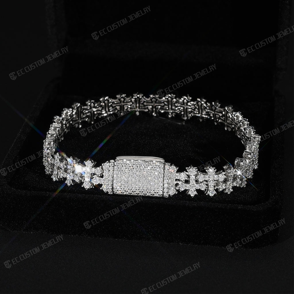 Iced Out Cross Link Bracelet Fully Paved Clasp Chain