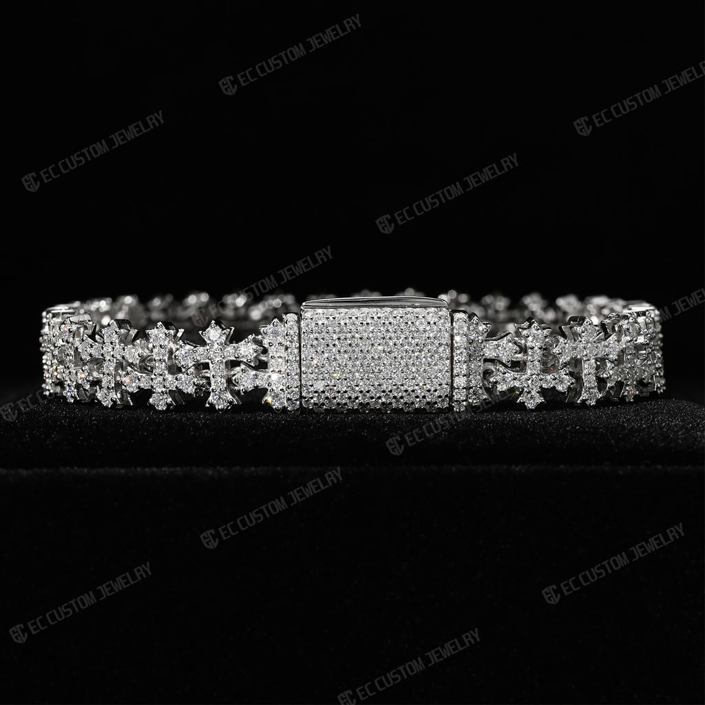 Iced Out Cross Link Bracelet Fully Paved Clasp Chain