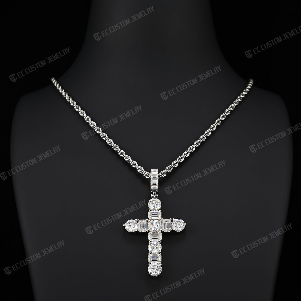 Iced Out Emerald Round Cut Cross Pendant