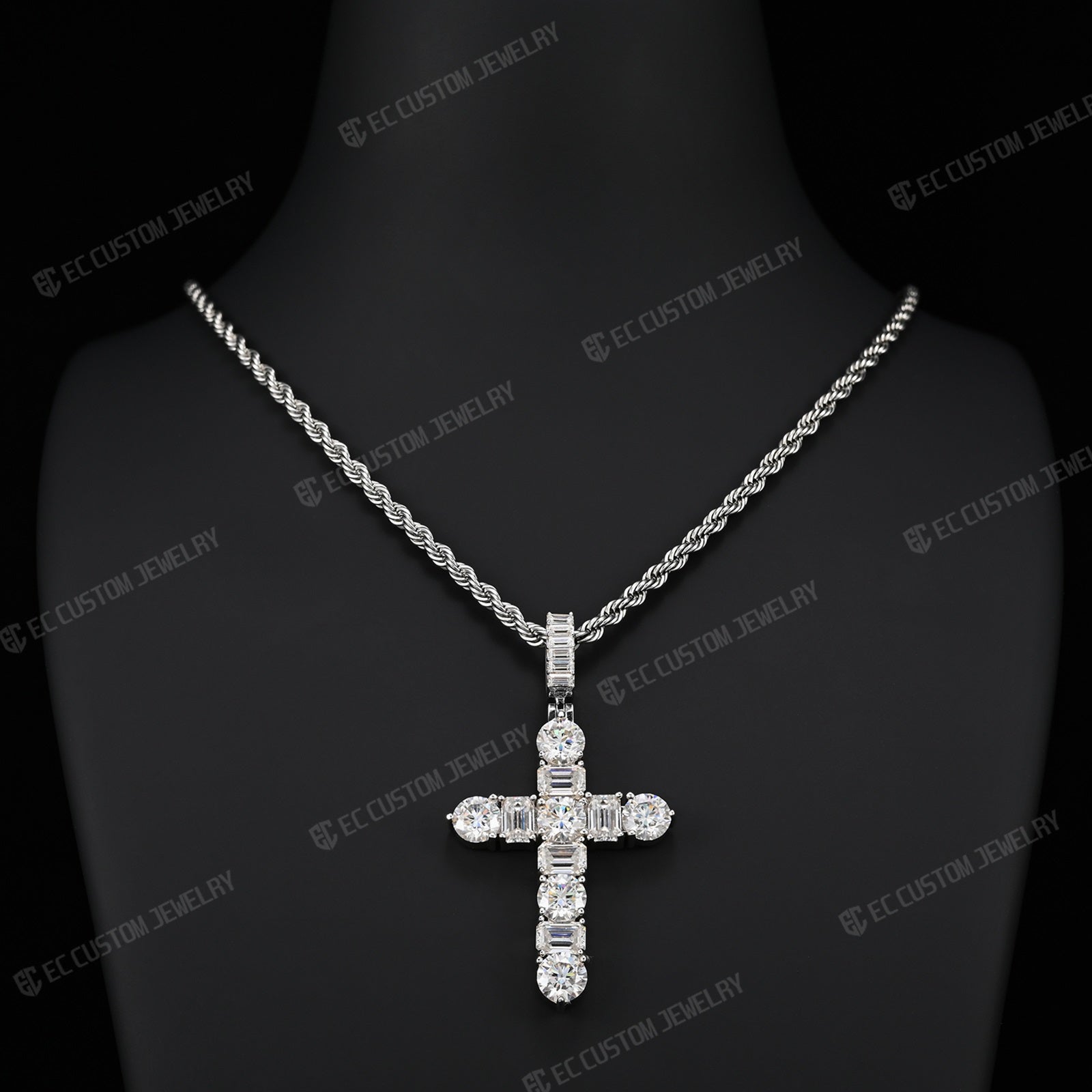 Iced Out Emerald Round Cut Cross Pendant