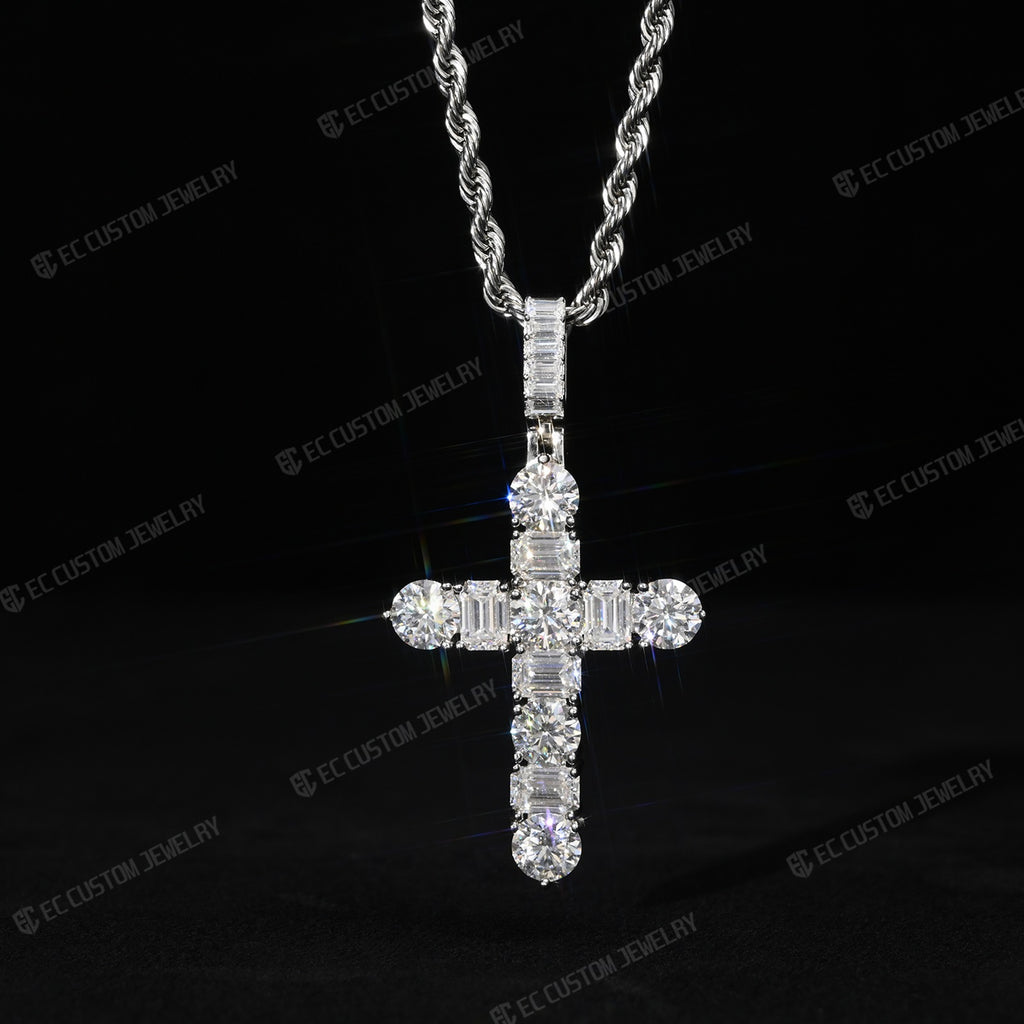 Iced Out Emerald Round Cut Cross Pendant