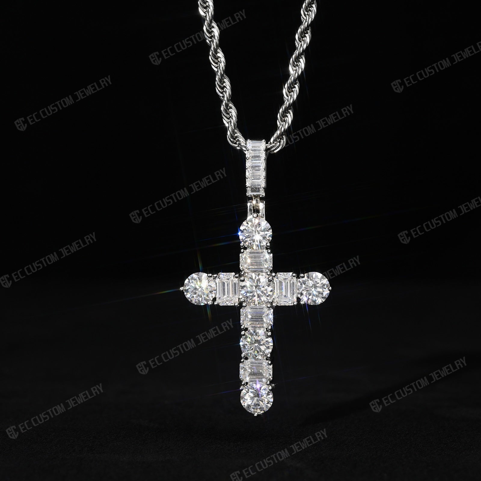 Iced Out Emerald Round Cut Cross Pendant