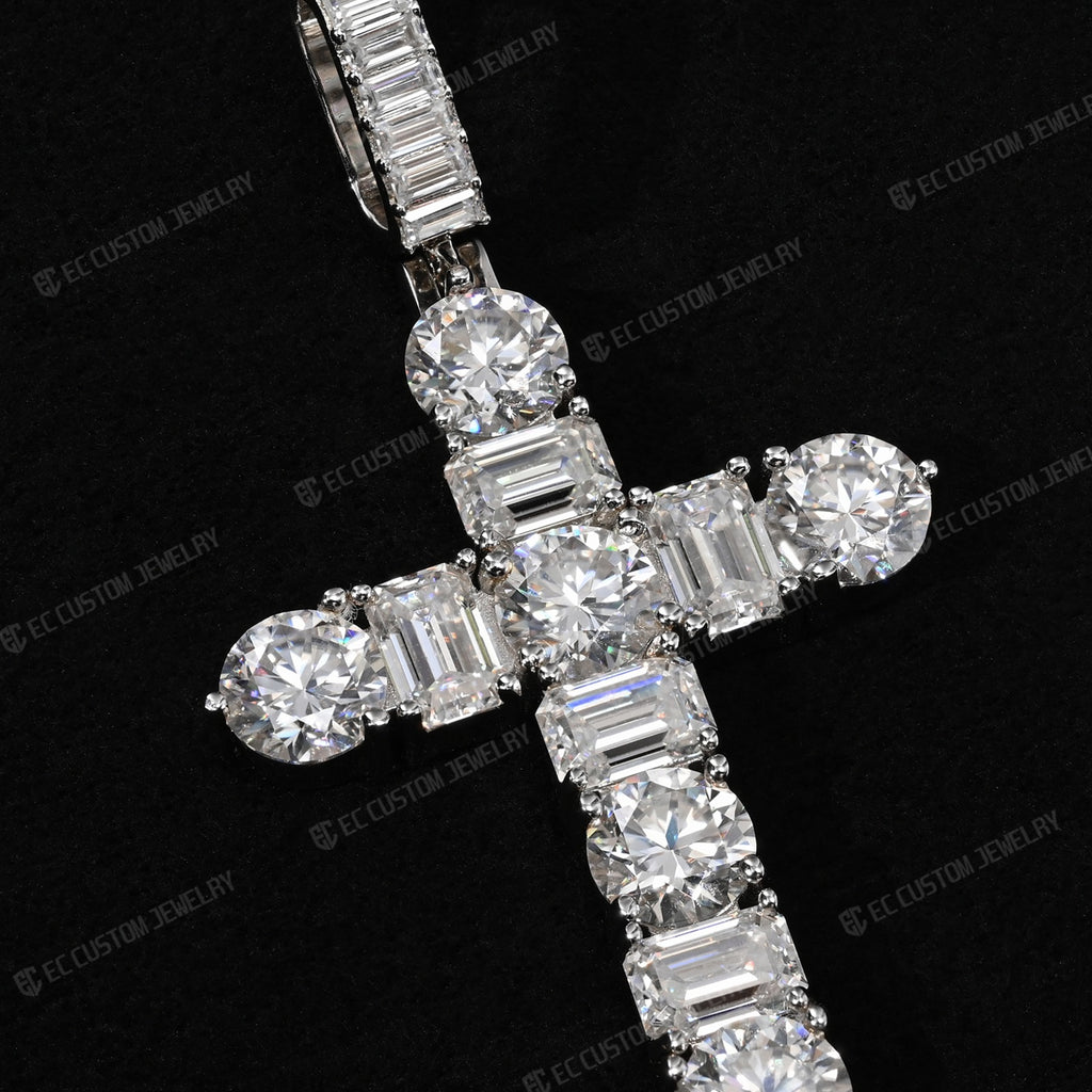 Iced Out Emerald Round Cut Cross Pendant