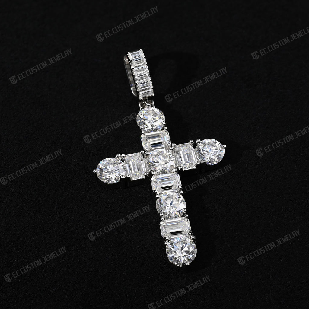 Iced Out Emerald Round Cut Cross Pendant