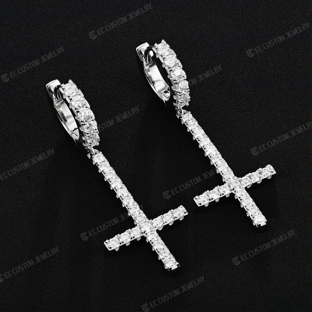 Iced Out Inverted Cross Earrings Hip Hop Style Upside down Cross Eardrop 
