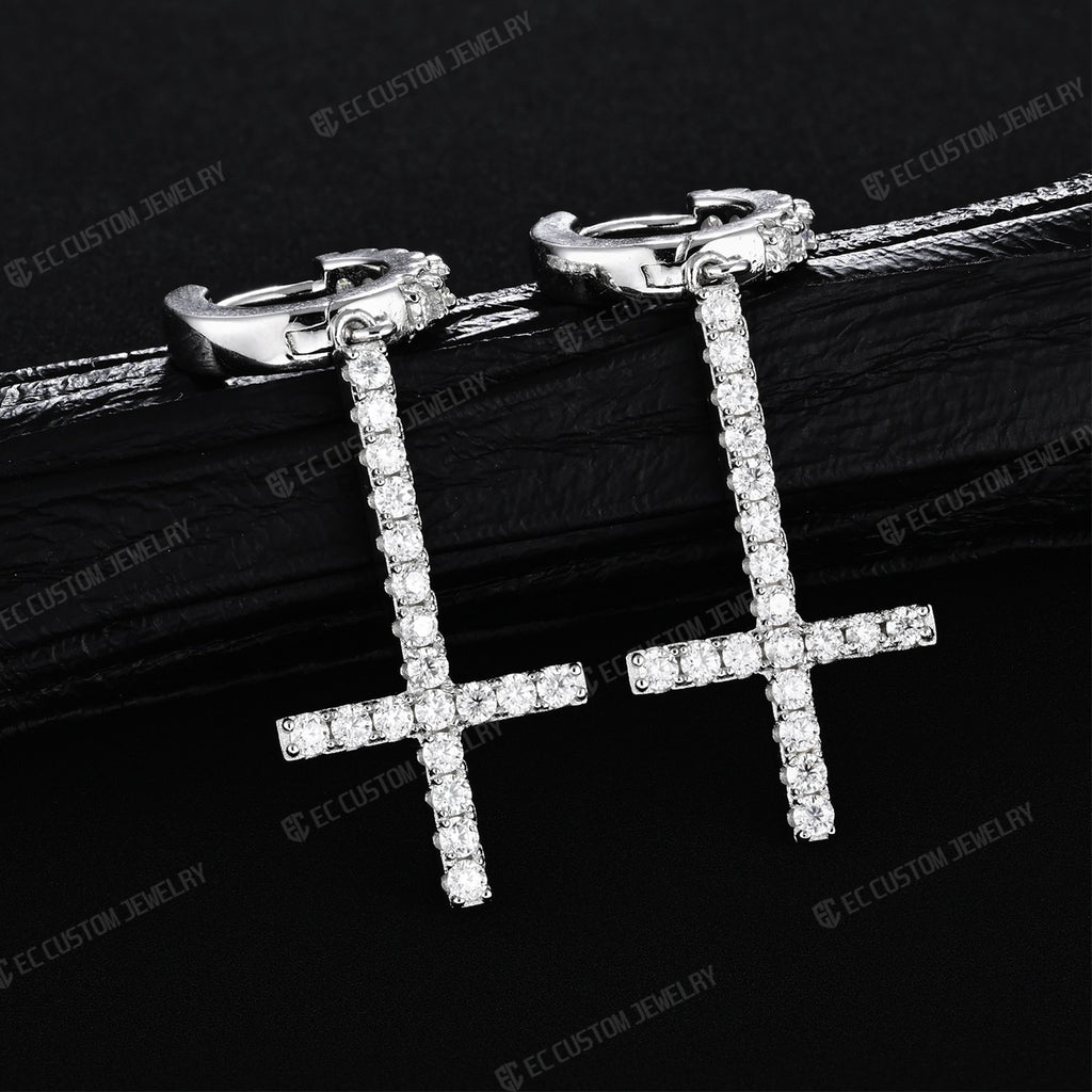 Iced Out Inverted Cross Earrings Hip Hop Style Eardrop 
