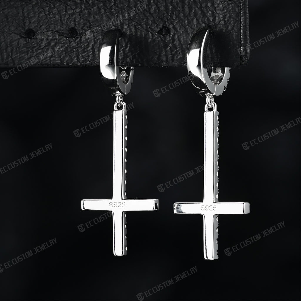 Iced Out Inverted Cross Earrings Hip Hop Style Upside down Cross Eardrop 