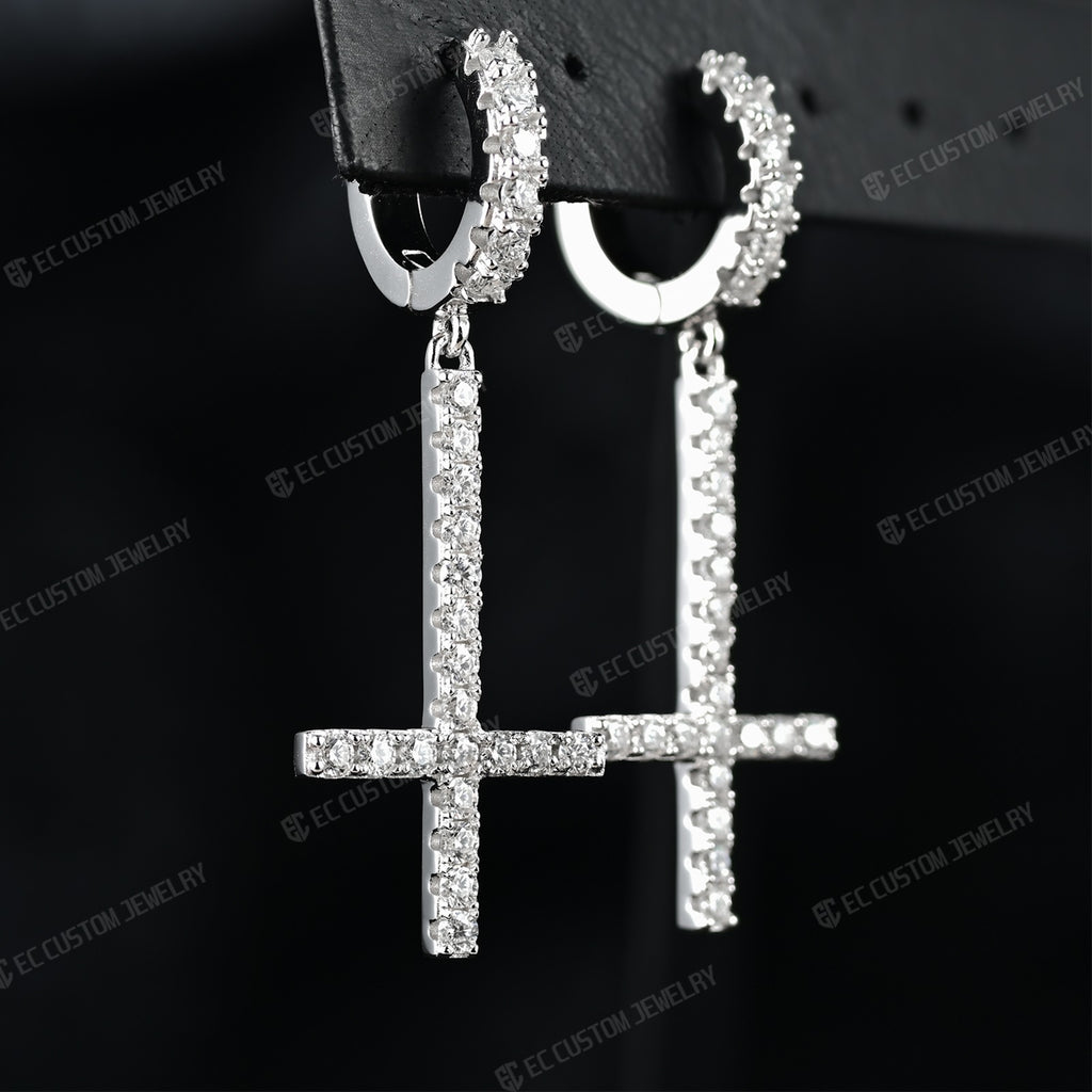 Iced Out Inverted Cross Earrings Hip Hop Style Upside down Cross Eardrop 