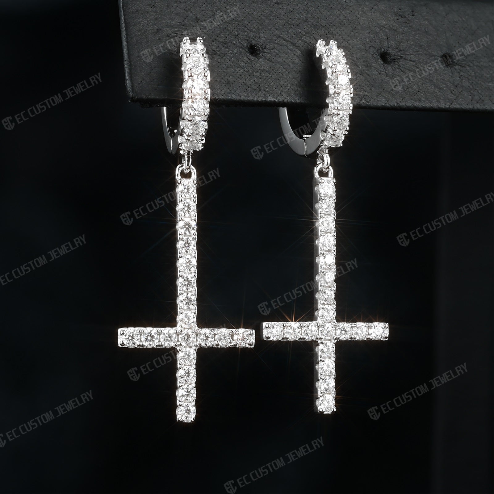 Iced Out Inverted Cross Earrings Hip Hop Style Upside down Cross Eardrop 