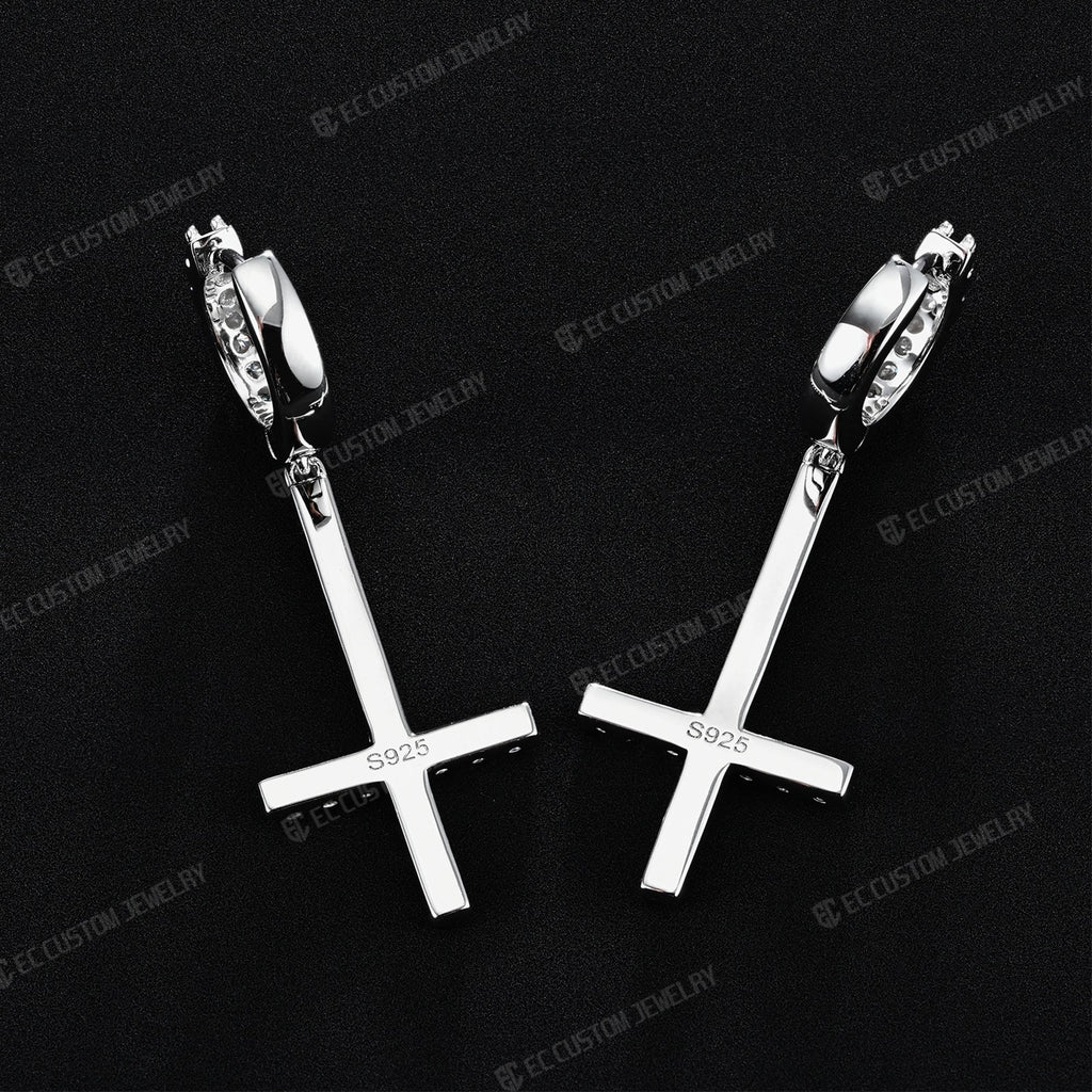 Iced Out Inverted Cross Earrings Hip Hop Style Upside down Cross Eardrop 