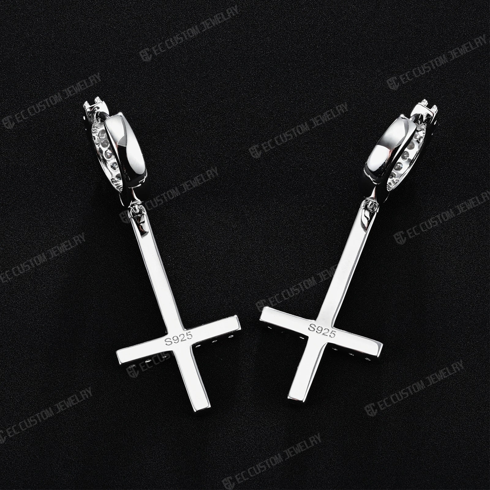 Iced Out Inverted Cross Earrings Hip Hop Style Upside down Cross Eardrop 