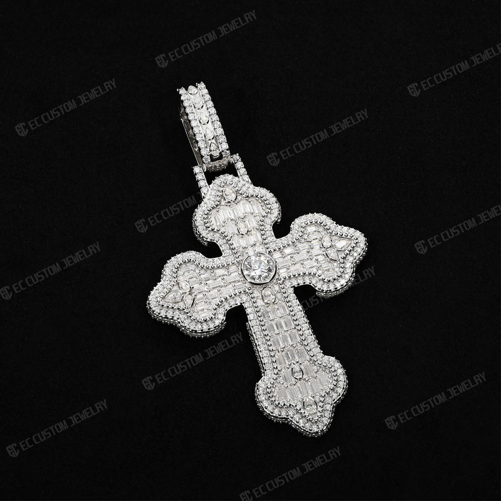 Iced Out VVS Moissanite Baguette Round Cross Pendant