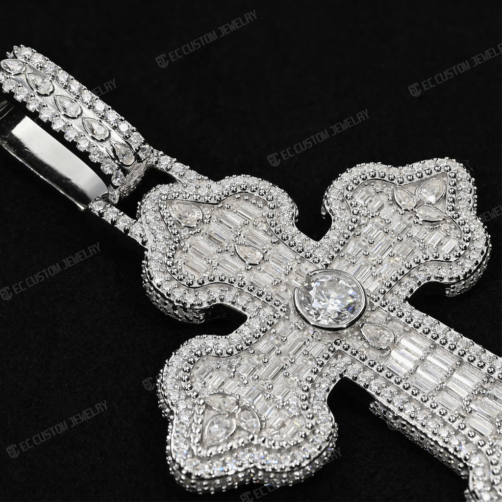 Iced Out VVS Moissanite Baguette Round Cross Pendant