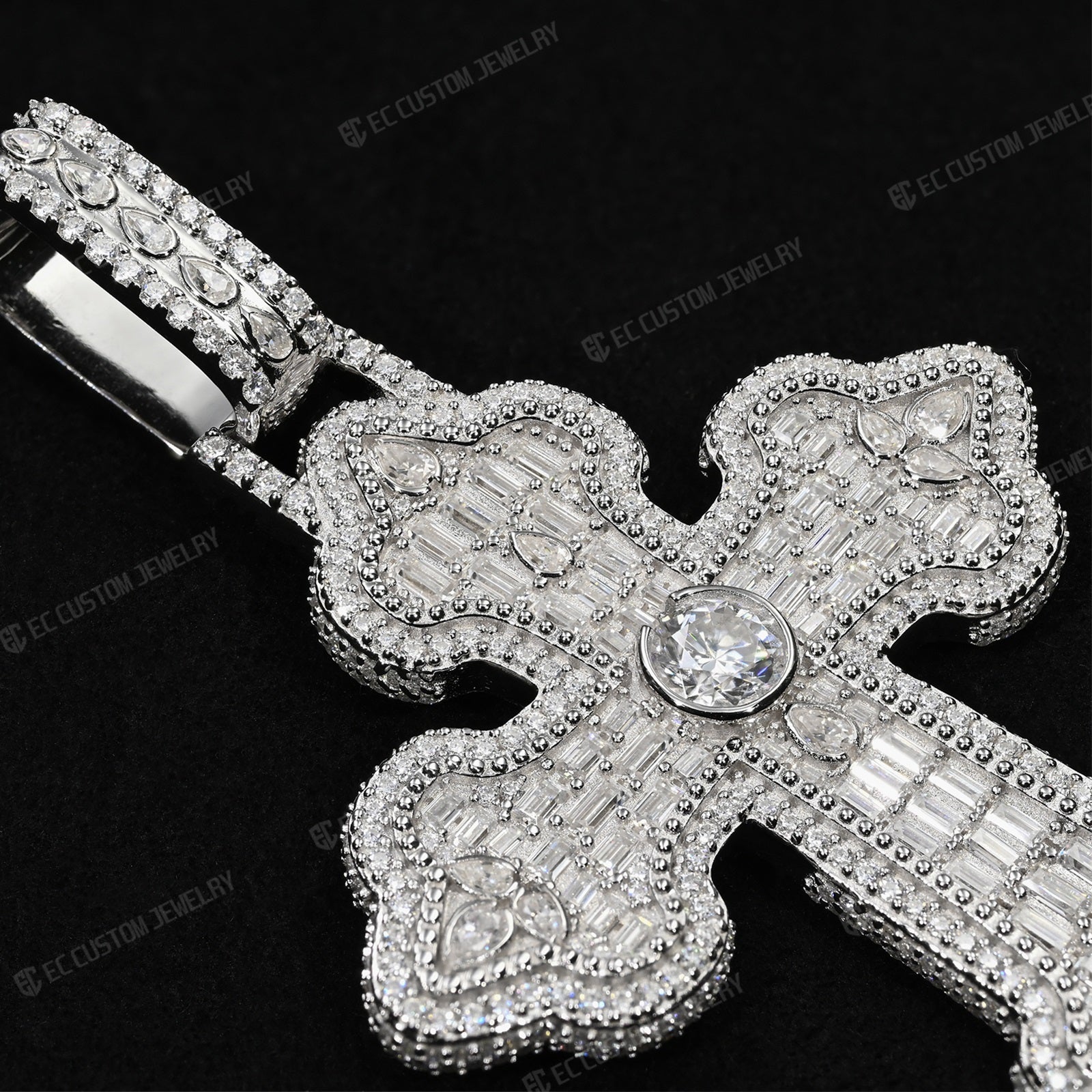 Iced Out VVS Moissanite Baguette Round Cross Pendant