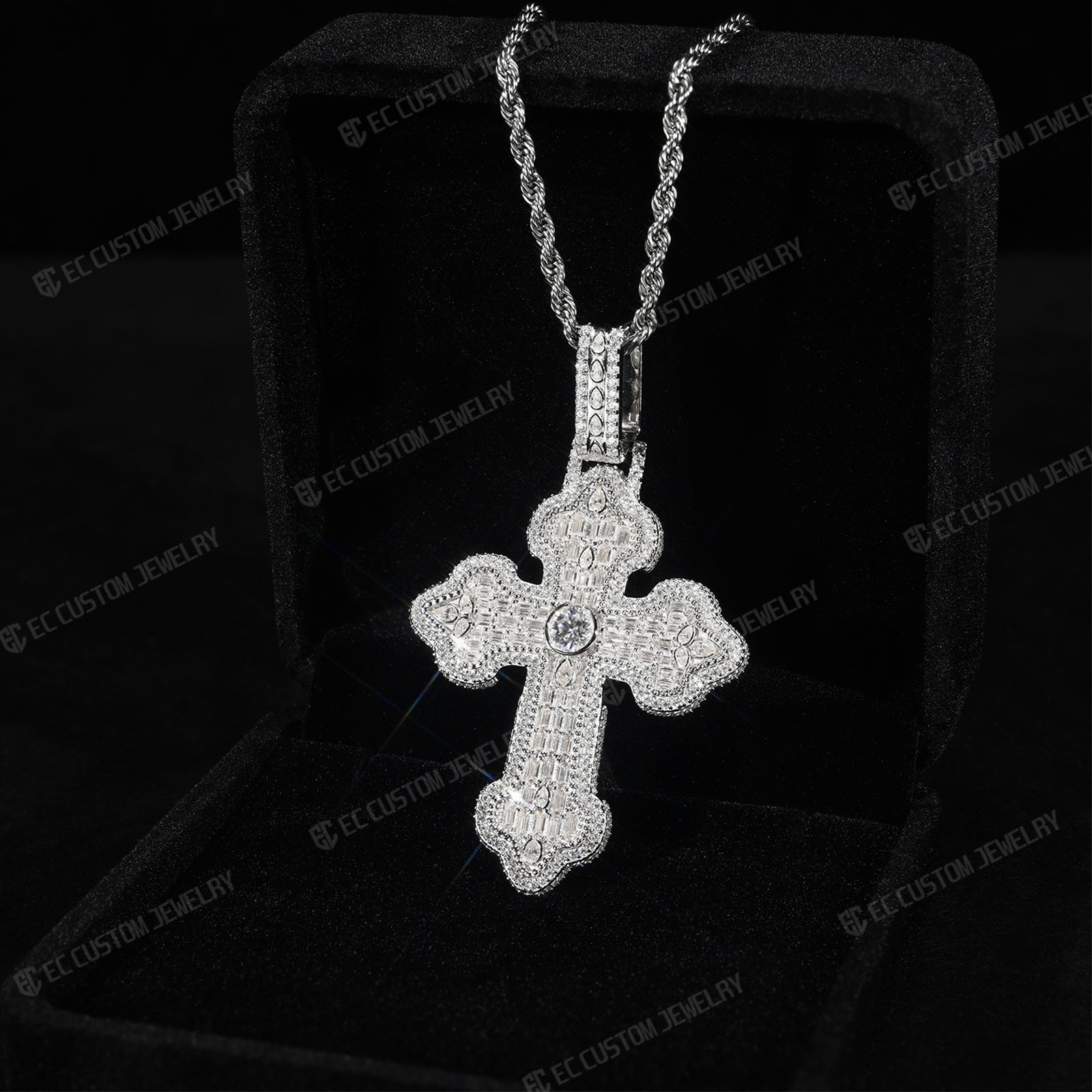 Iced Out VVS Moissanite Baguette Round Cross Pendant