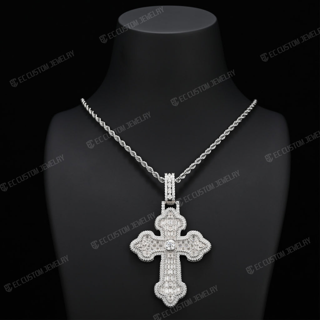 Iced Out VVS Moissanite Baguette Round Cross Pendant