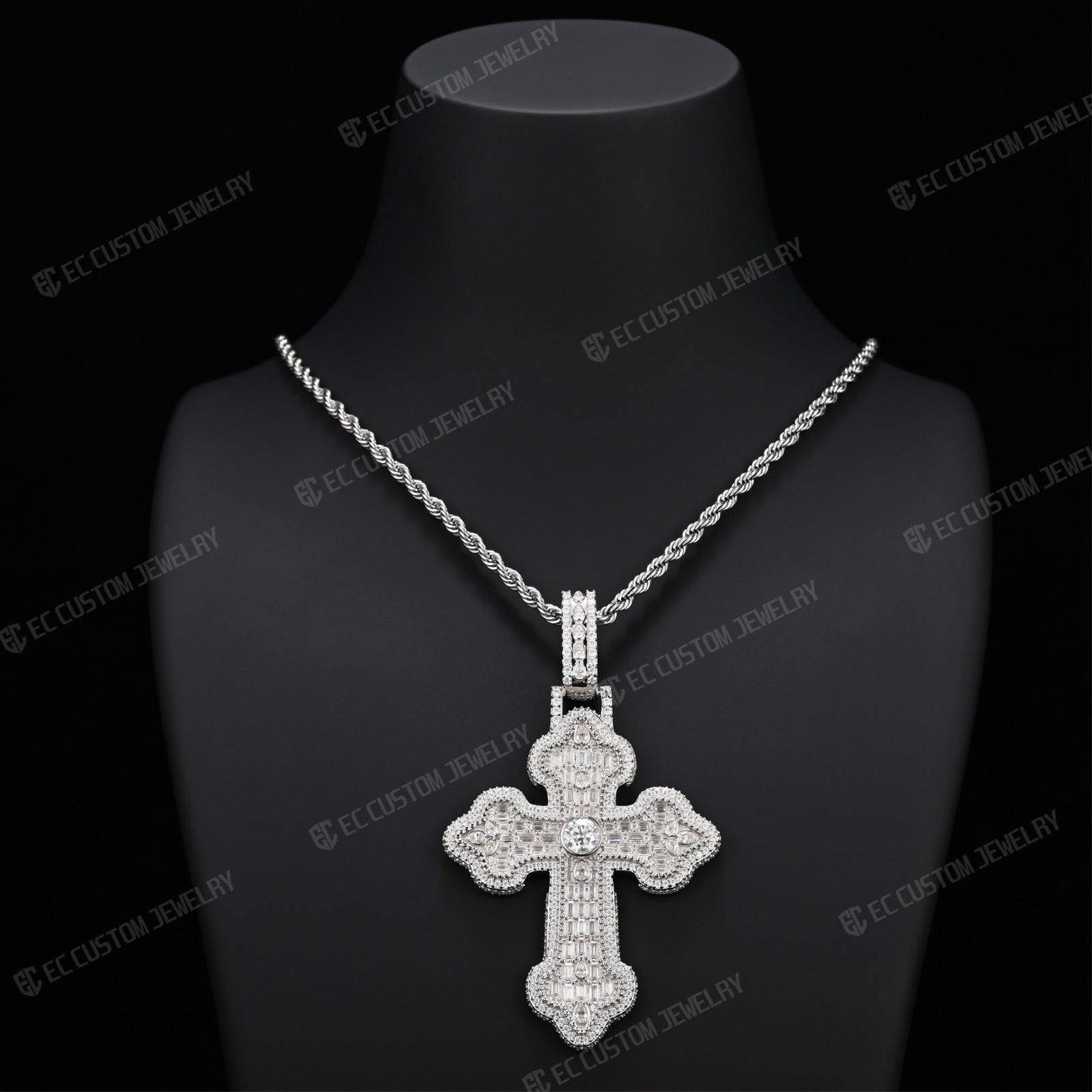 Iced Out VVS Moissanite Baguette Round Cross Pendant
