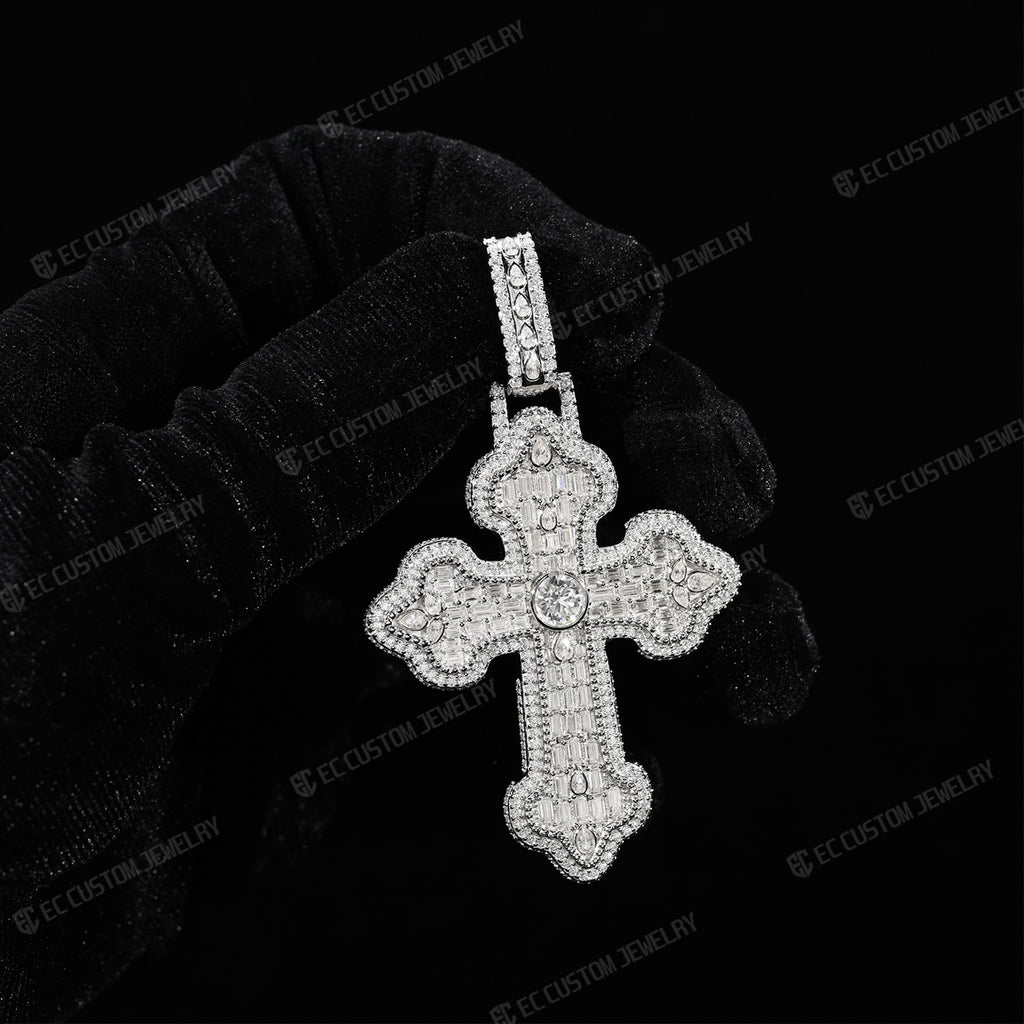 Iced Out VVS Moissanite Baguette Round Cross Pendant