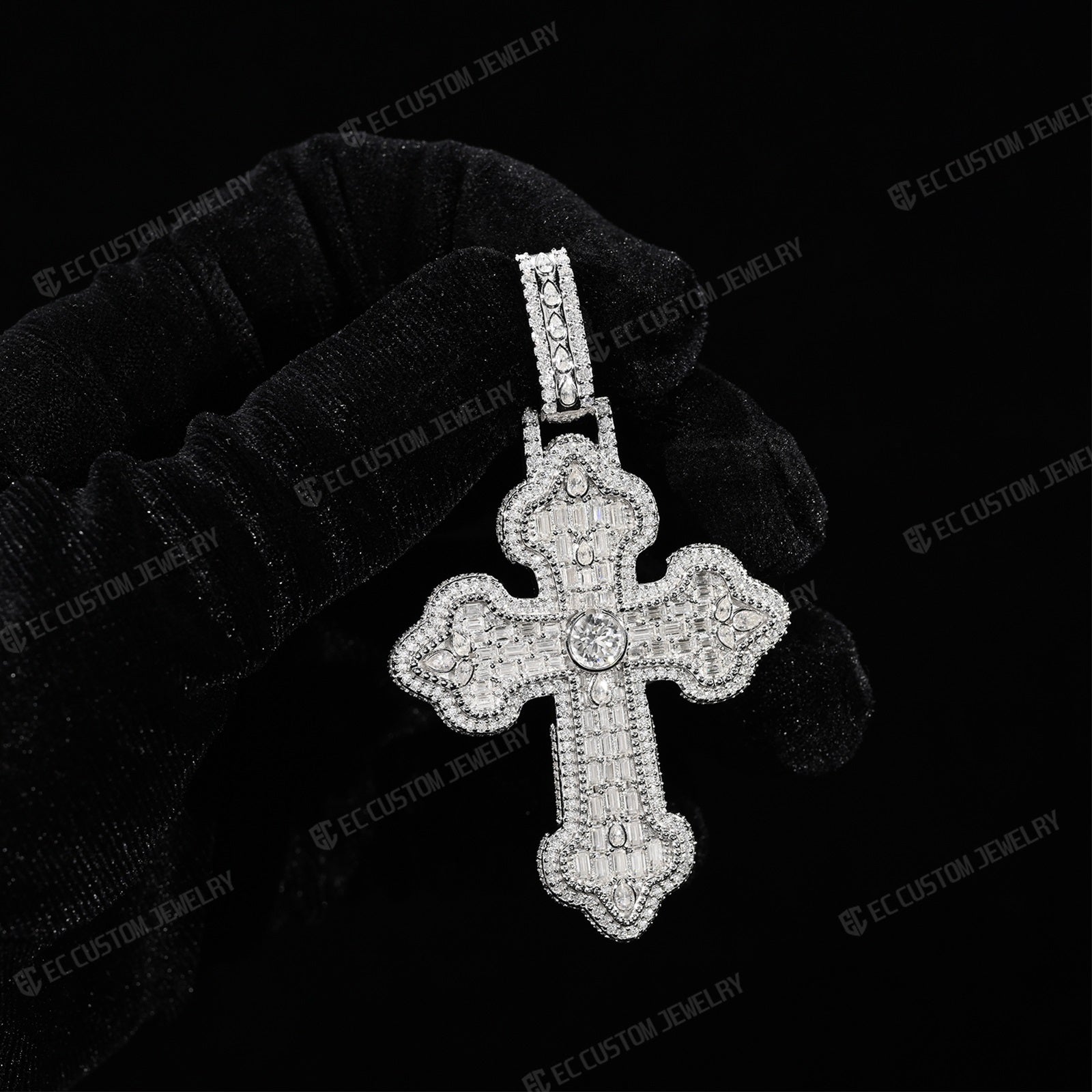 Iced Out VVS Moissanite Baguette Round Cross Pendant