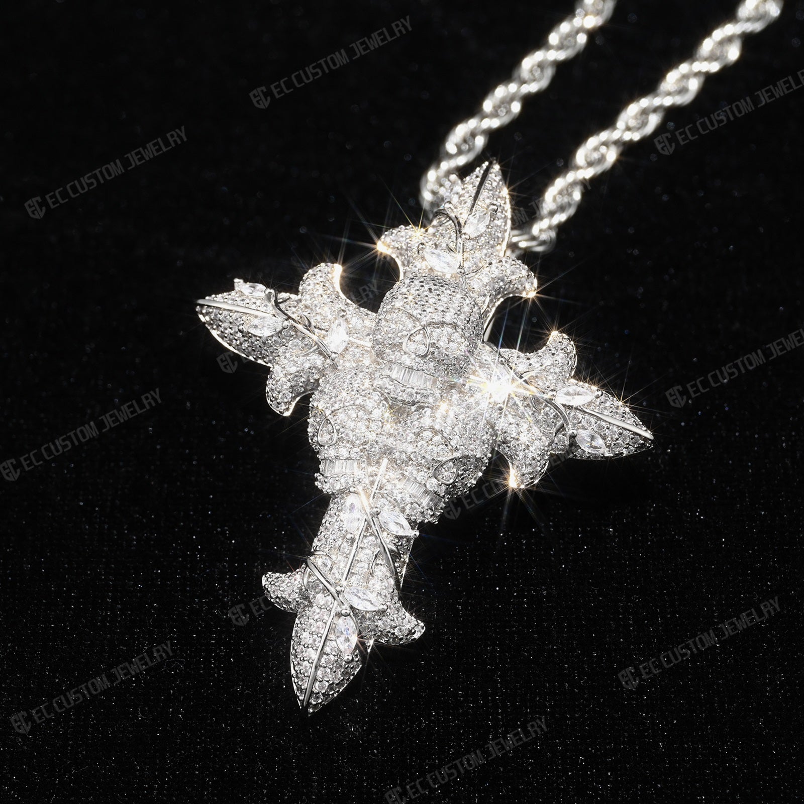 Iced Out Round Cut Real Moissanite Skull Cross Mens Pendant 5