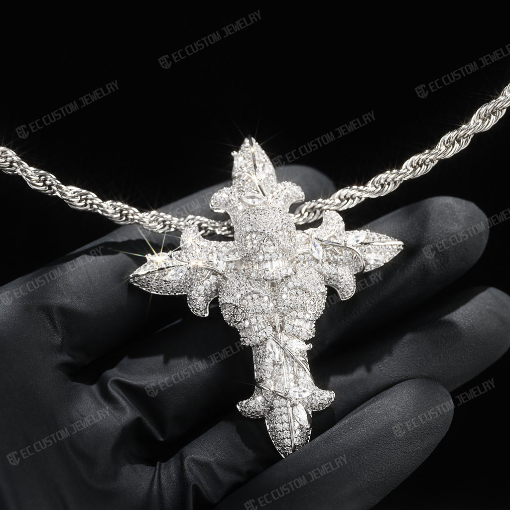 Iced Out Round Cut Real Moissanite Skull Cross Mens Pendant 