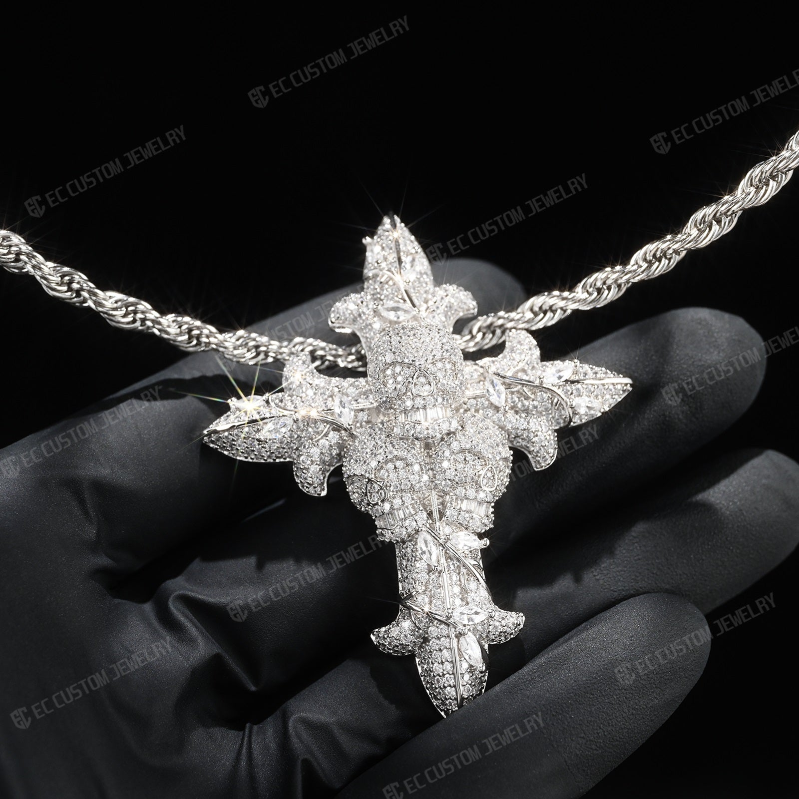 Iced Out Round Cut Real Moissanite Skull Cross Mens Pendant 