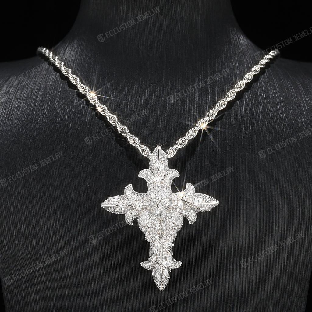 Iced Out Round Cut Real Moissanite Skull Cross Mens Pendant 
