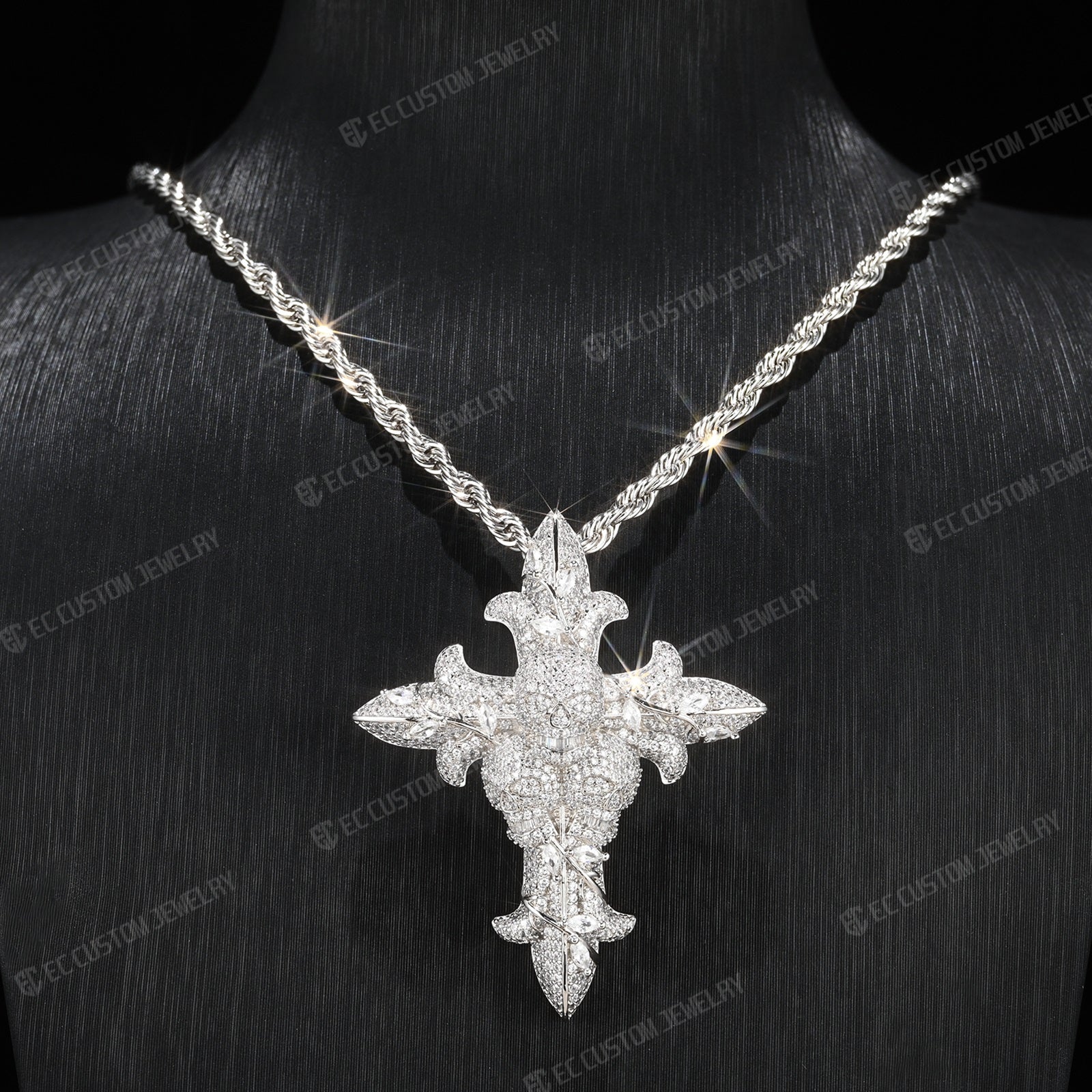 Iced Out Round Cut Real Moissanite Skull Cross Mens Pendant 