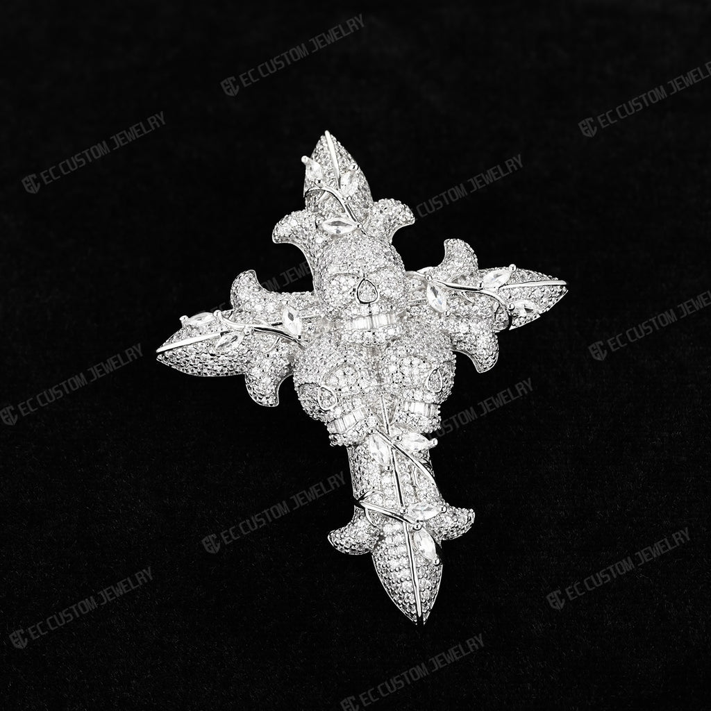 Iced Out Round Cut Real Moissanite Skull Cross Mens Pendant 