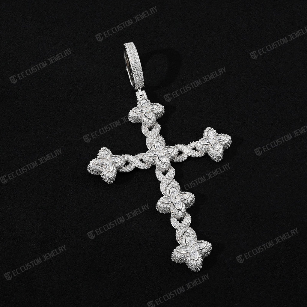 Iced Out Twisted Floral Cross Pendant Moissanite Cross