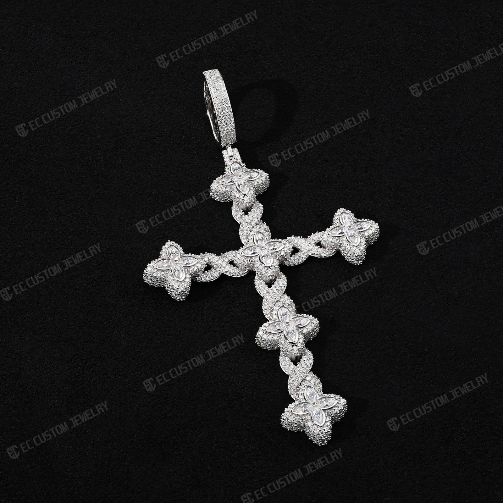 Iced Out Twisted Floral Cross Pendant Moissanite Cross